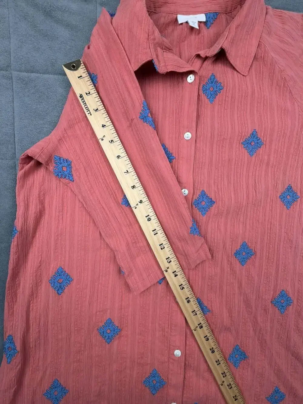 purejill Women's Terracotta Button-Down Shirt with Blue Geometric Embroidery